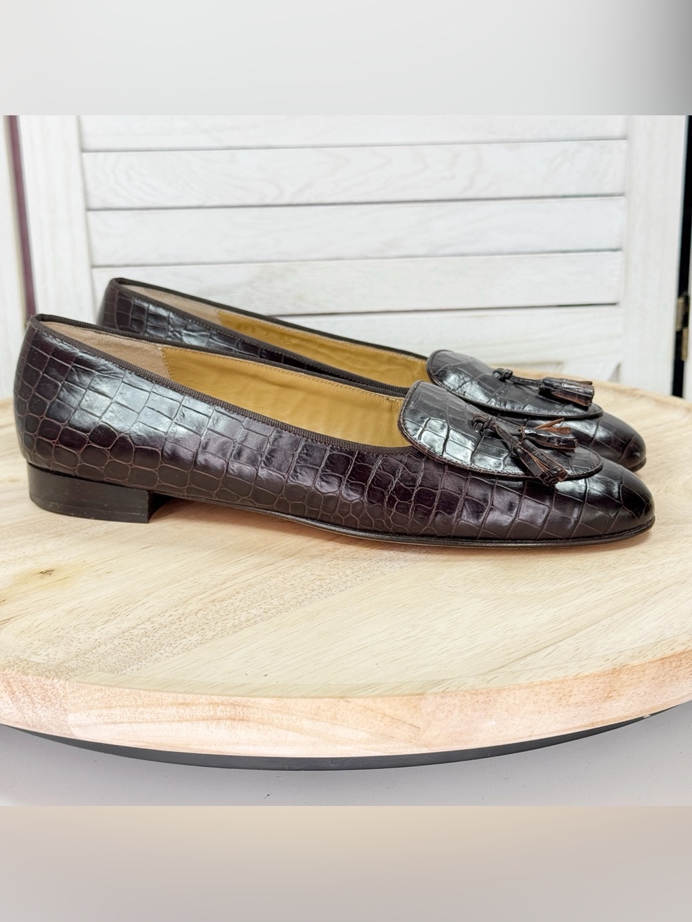 Brooks Brothers Croc Embossed Leather Tassel Loafers Brown 10 AA Narrow